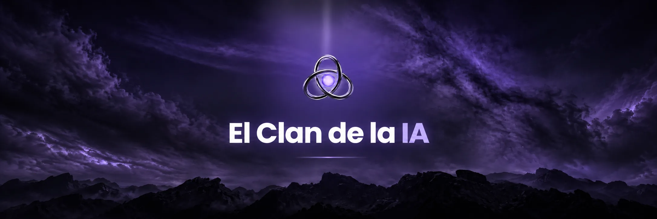 El Clan de la IA: símbolo y nombre de la comunidad entre nubes violetas y una cordillera de montañas.