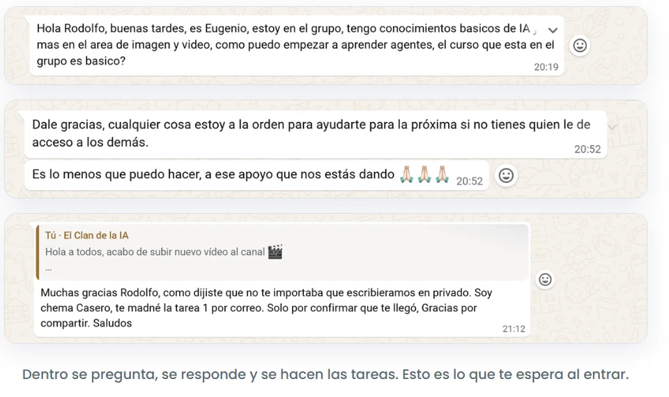 Mensajes de WhatsApp: un miembro pregunta cómo empezar a aprender agentes de IA, agradece el apoyo de las mentorías y confirma la entrega de la tarea 1.